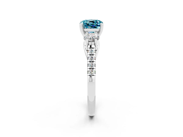 Platinum Three-Stone Cushion Cut Blue Topaz Pavé Band with Four-Prong Setting