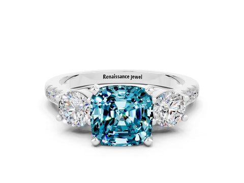 White gold Three-Stone Cushion Cut Blue Topaz Pavé Band with Four-Prong Setting