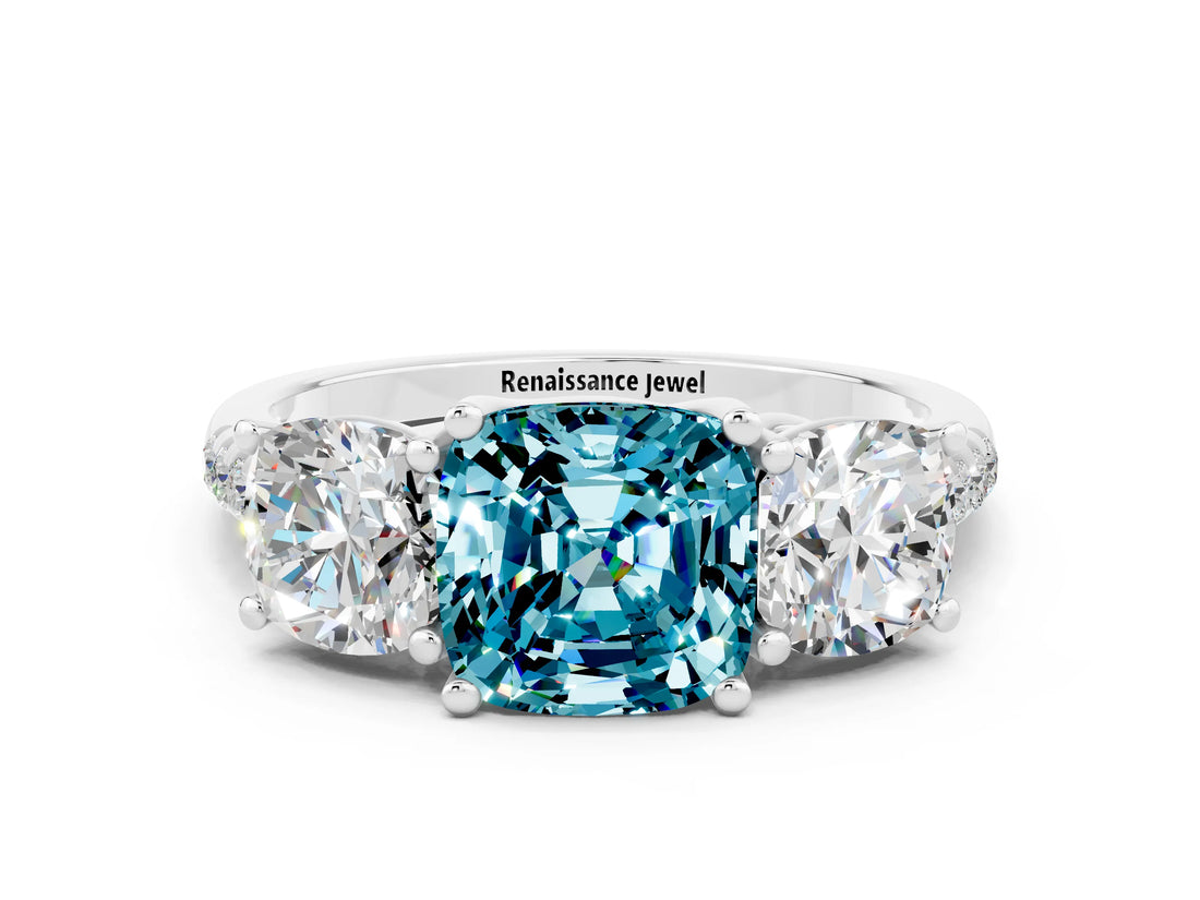 White gold Three-Stone Cushion Cut Blue Topaz Ring with Pavé Band and Prong Setting_12