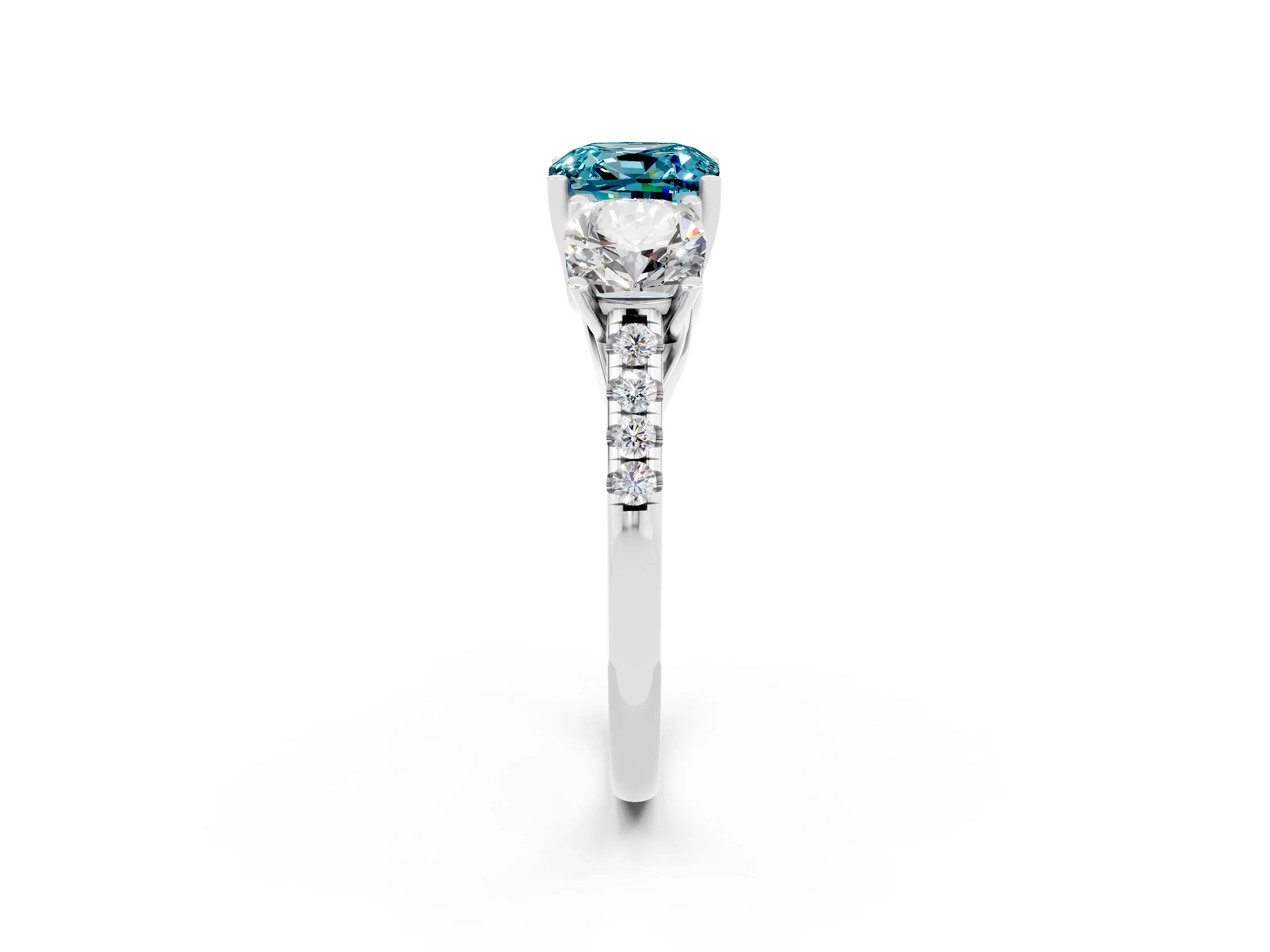 White gold Three-Stone Cushion Cut Blue Topaz Ring with Pavé Band and Prong Setting_14