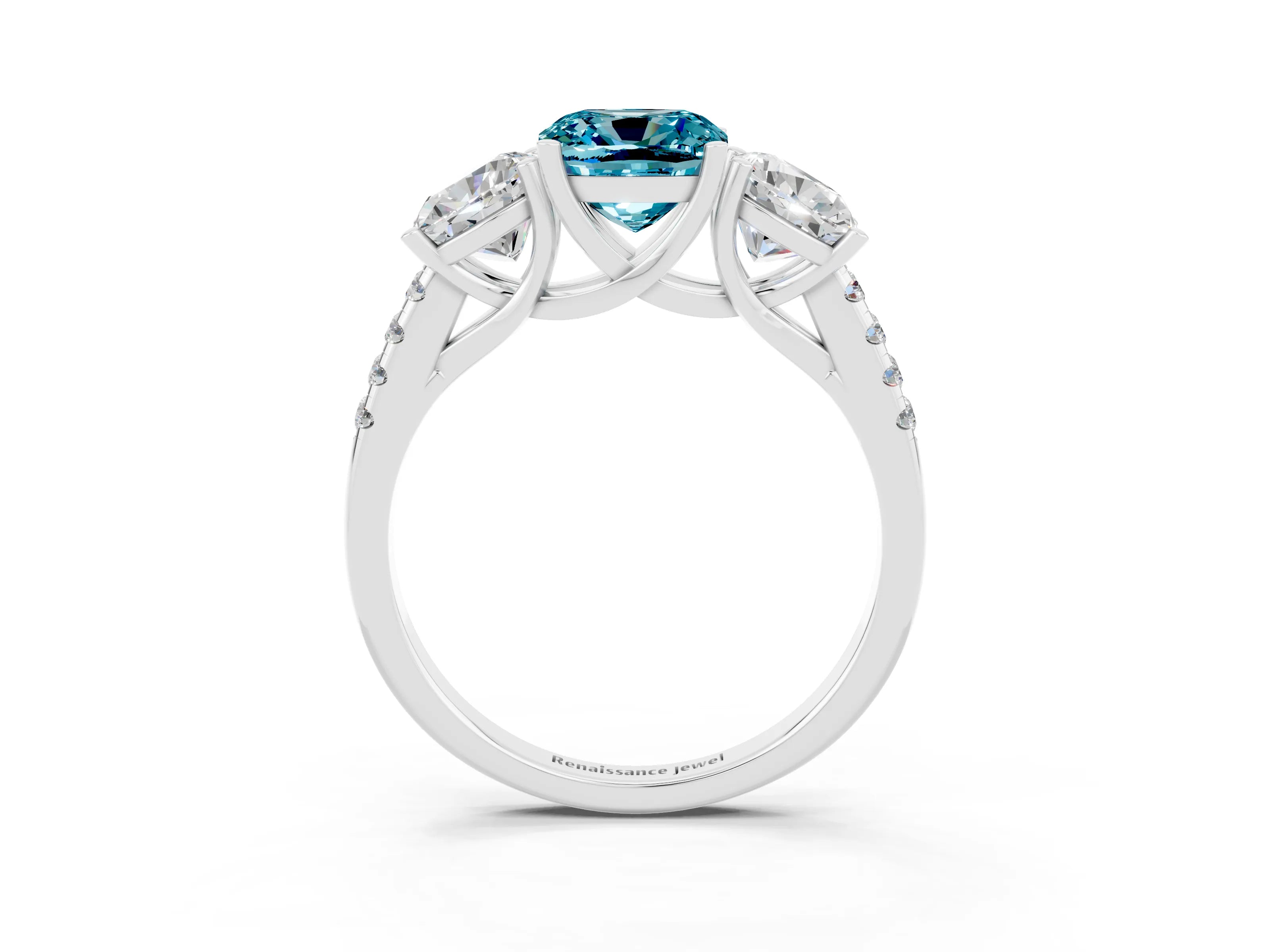 White gold Three-Stone Cushion Cut Blue Topaz Ring with Pavé Band and Prong Setting_15