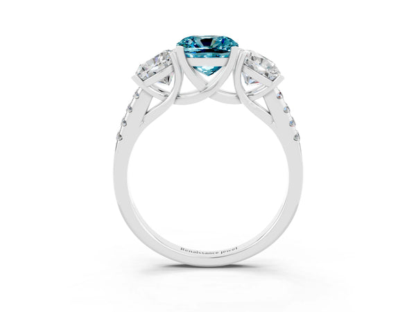 White gold Three-Stone Cushion Cut Blue Topaz Ring with Round  Pavé Band and Prong Setting