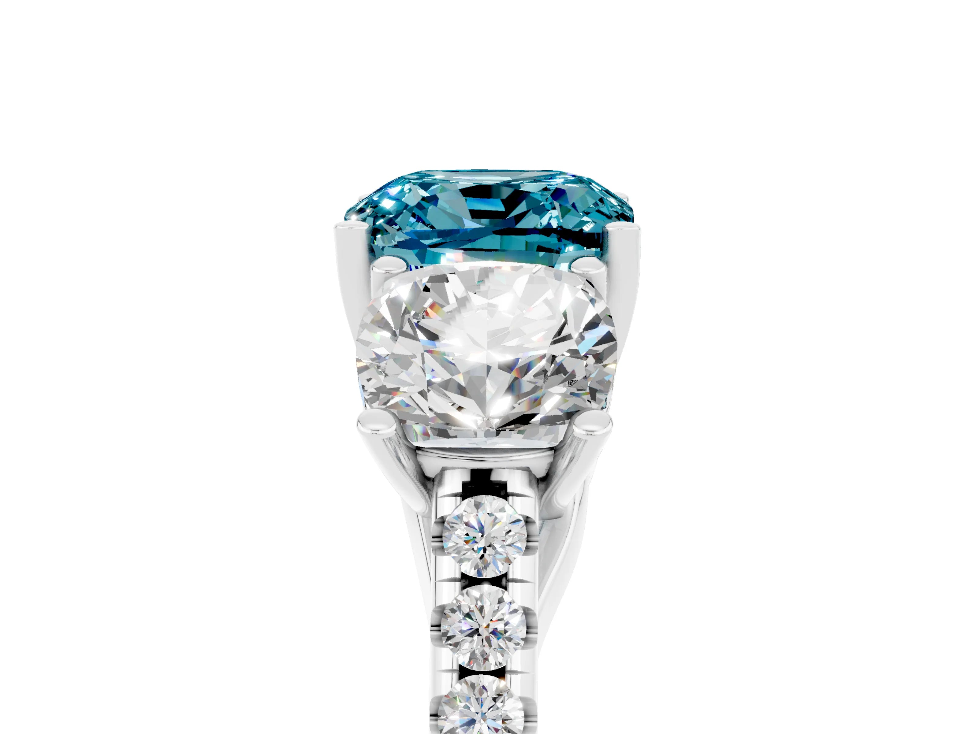 White gold Three-Stone Cushion Cut Blue Topaz Ring with Pavé Band and Prong Setting_17