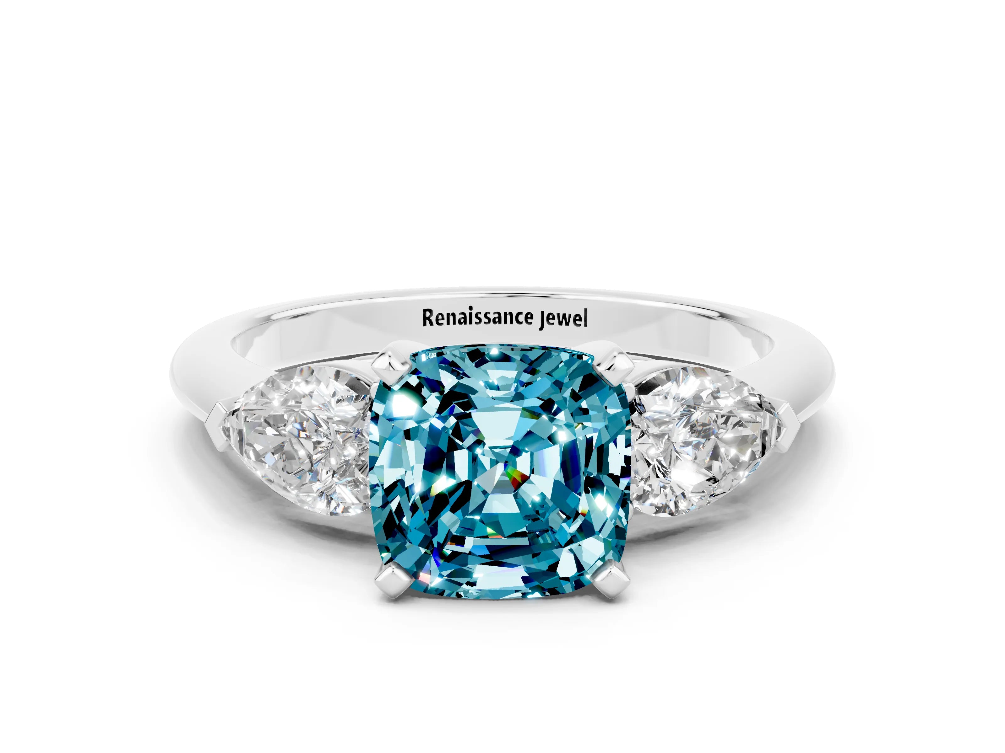 White gold Three-Stone Cushion Cut Blue Topaz Ring with Pear Side Stones and Four-Prong Setting