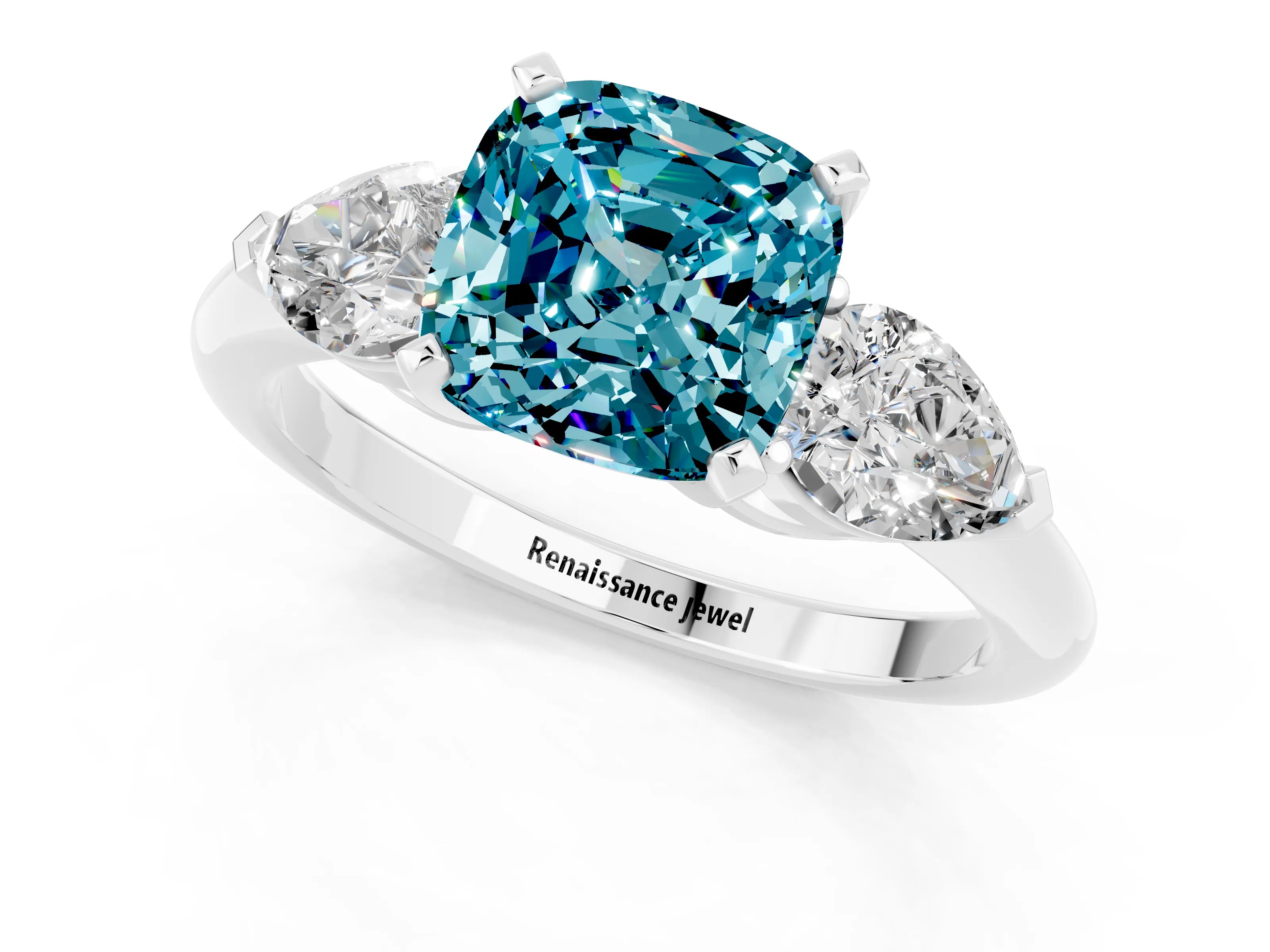 White gold Three-Stone Cushion Cut Blue Topaz Ring with Pear Side Stones and Four-Prong Setting_1
