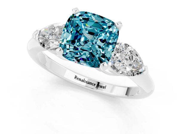 White gold Three-Stone Cushion Cut Blue Topaz Ring with Pear Side Stones and Four-Prong Setting
