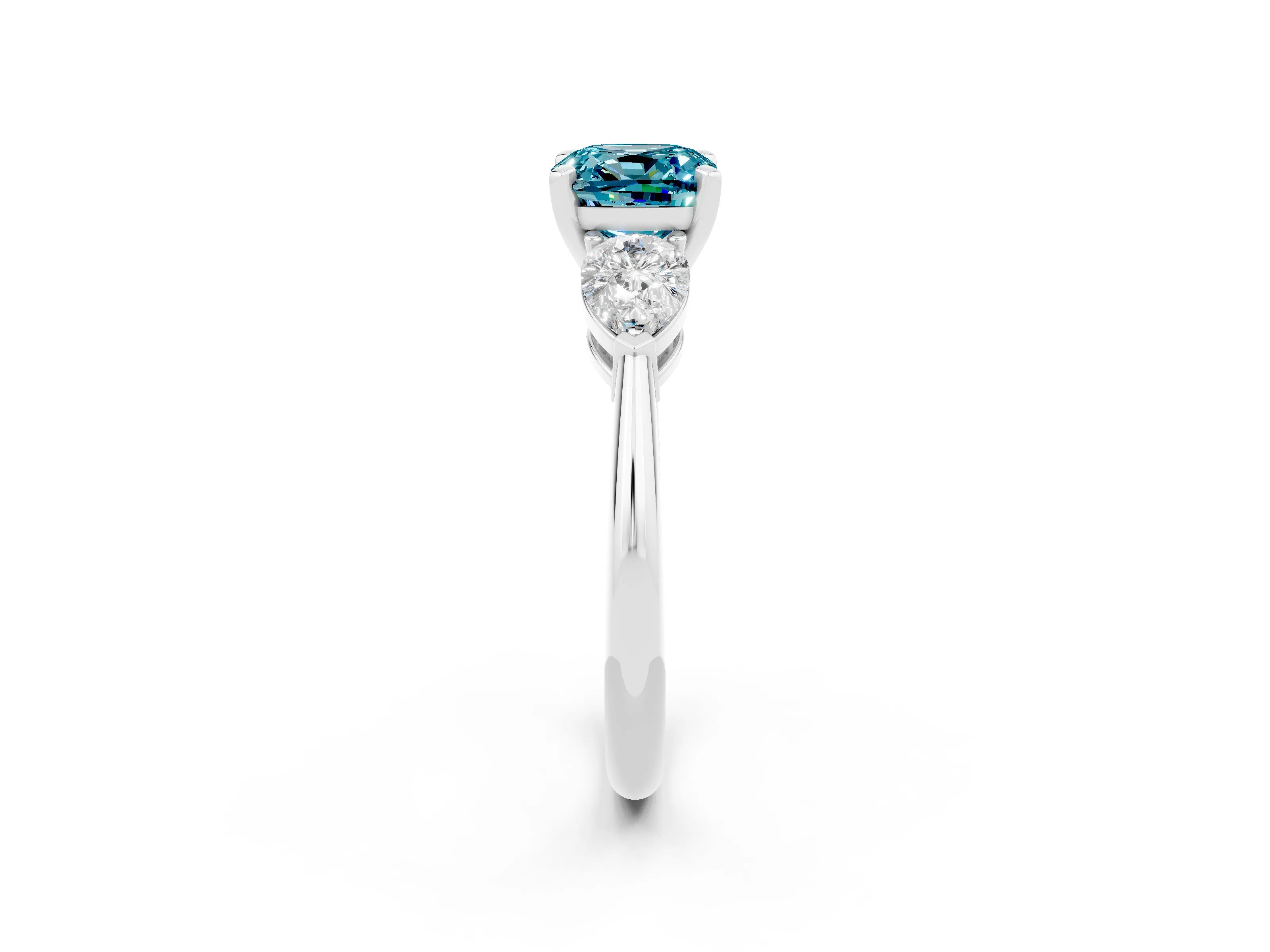 White gold Three-Stone Cushion Cut Blue Topaz Ring with Pear Side Stones and Four-Prong Setting_2
