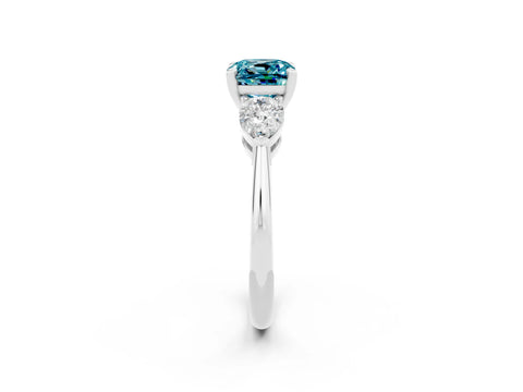 White gold Three-Stone Cushion Cut Blue Topaz Ring with Pear Side Stones and Four-Prong Setting_2