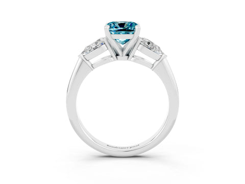 White gold Three-Stone Cushion Cut Blue Topaz Ring with Pear Side Stones and Four-Prong Setting_3