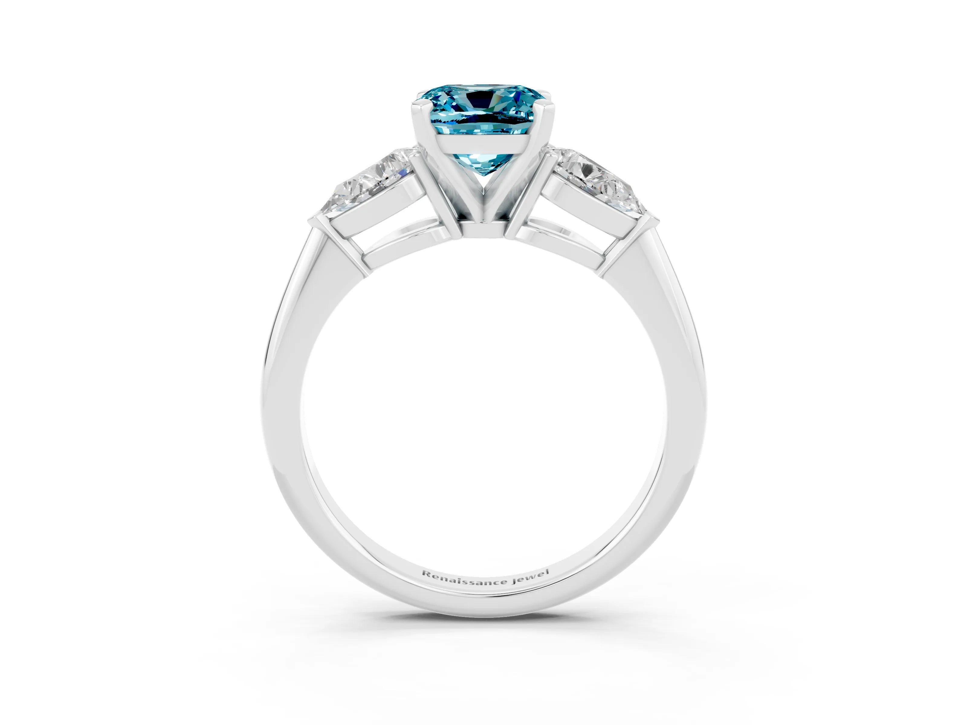 White gold Three-Stone Cushion Cut Blue Topaz Ring with Pear Side Stones and Four-Prong Setting_3