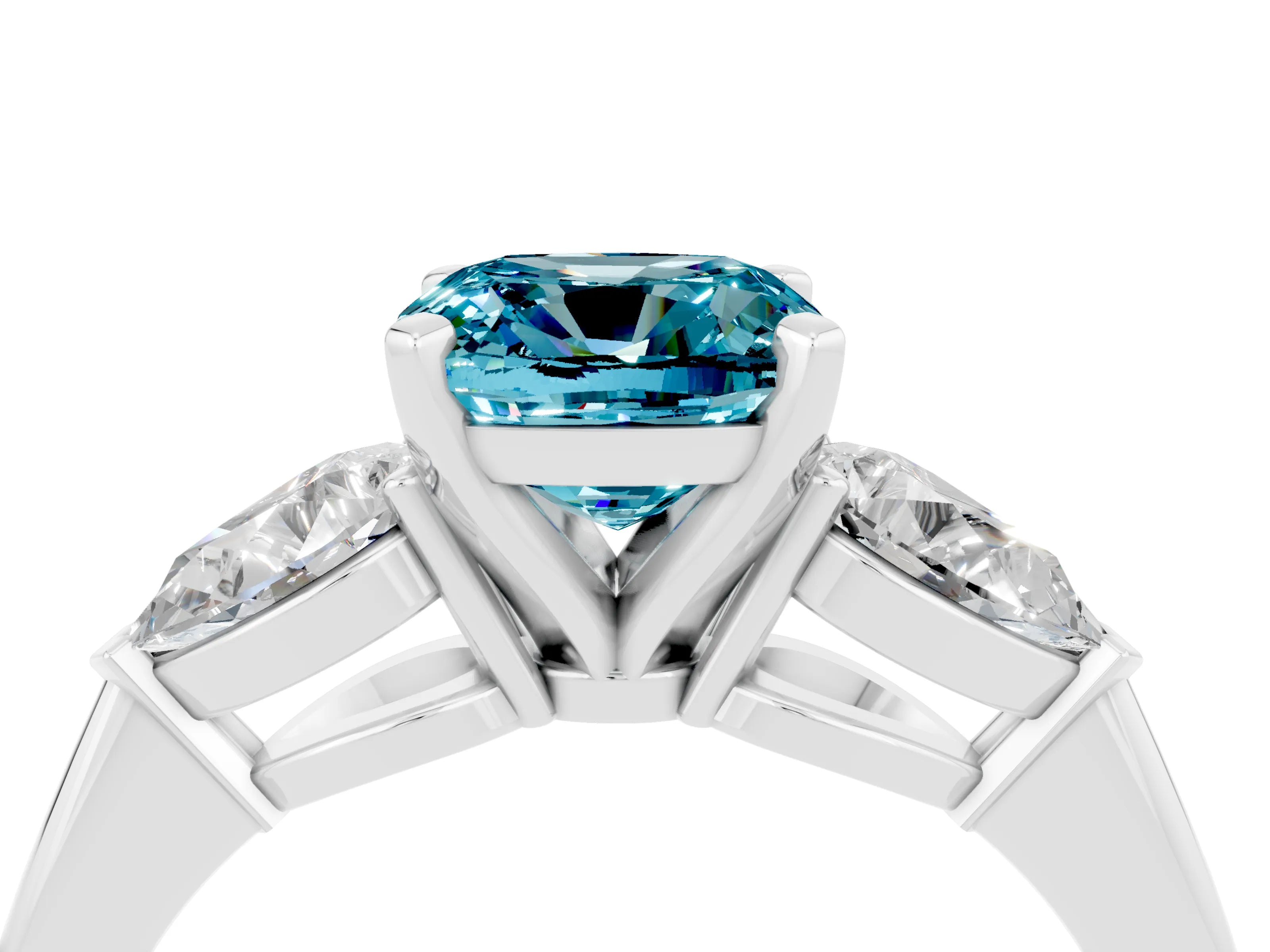 White gold Three-Stone Cushion Cut Blue Topaz Ring with Pear Side Stones and Four-Prong Setting_4