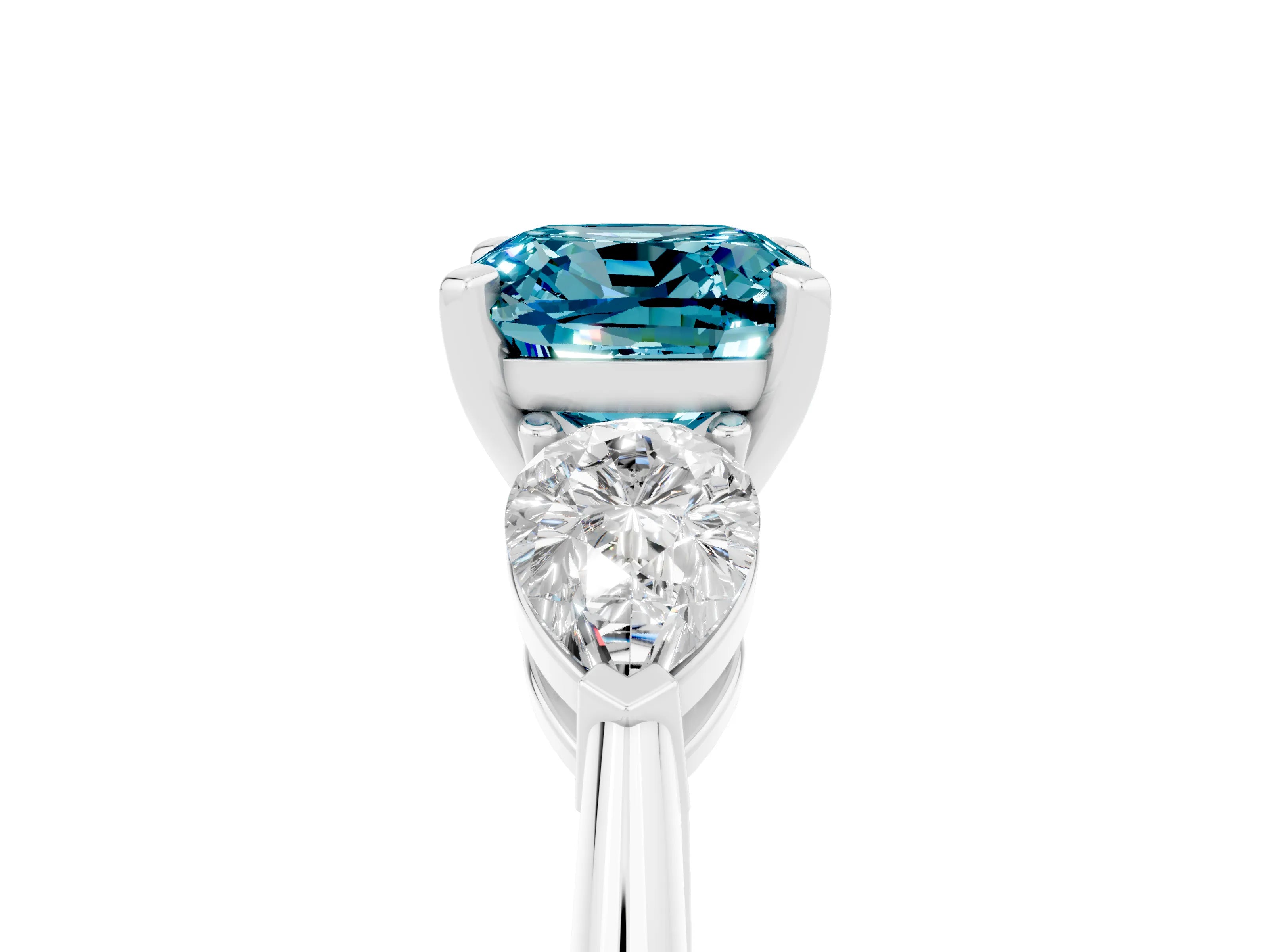 White gold Three-Stone Cushion Cut Blue Topaz Ring with Pear Side Stones and Four-Prong Setting_5