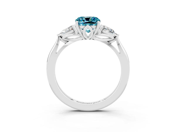 White gold Three-Stone Cushion Cut Blue Topaz Ring with Pear  Side Stones in Four-Prong Setting