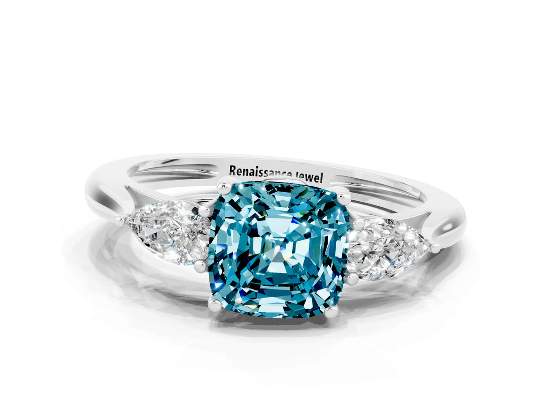 White gold Three-Stone Cushion Cut Blue Topaz Ring with Pear  Side Stones in Four-Prong Setting_48