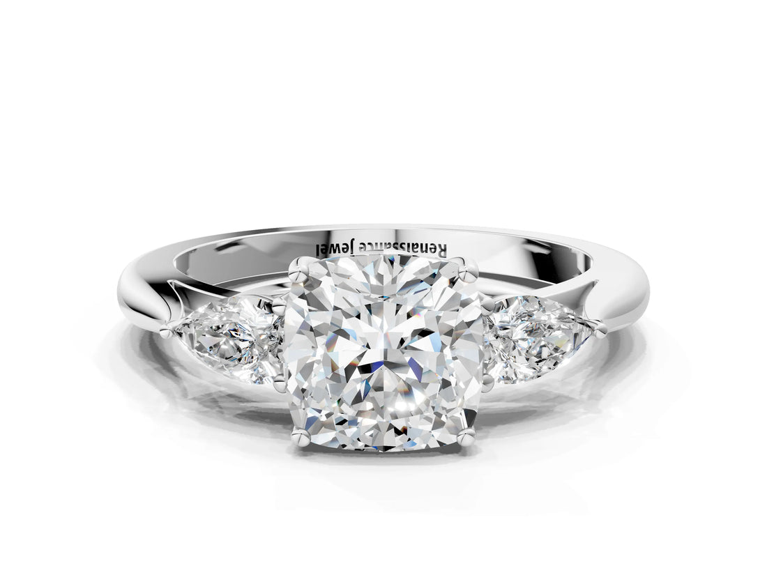 White gold Three-Stone Cushion Cut Brilliant Diamond Solitaire Ring with Tapered Band and Four-Prong Setting_13