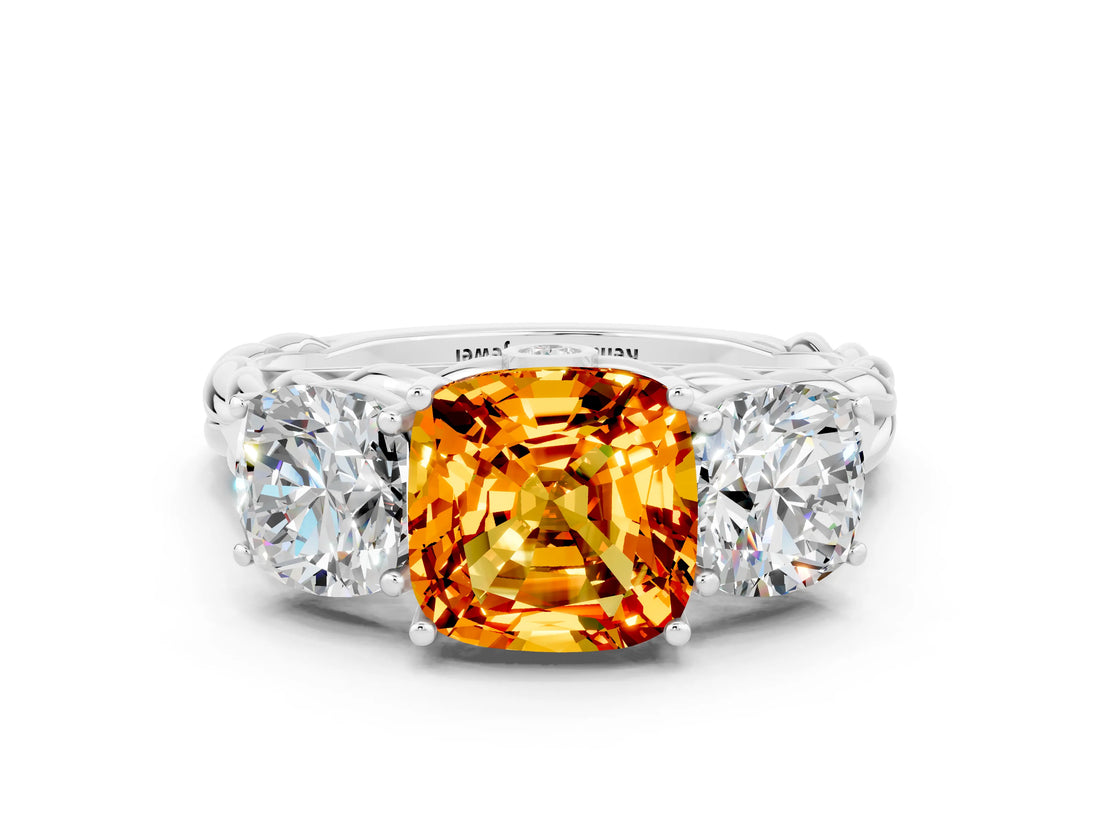 White gold Three-Stone Cushion Cut Citrine Braided Band Ring with Four-Prong Setting_12