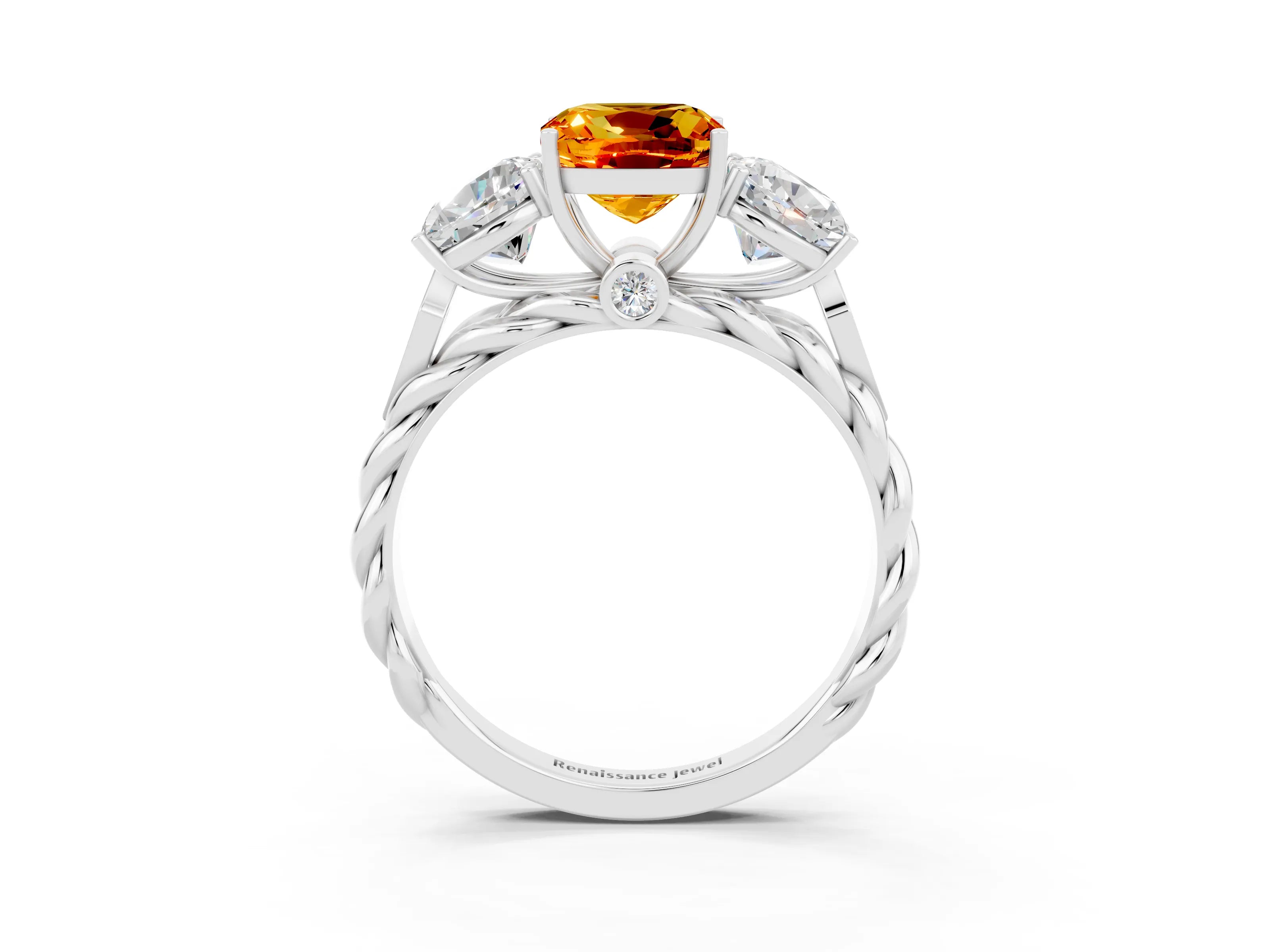 White gold Three-Stone Cushion Cut Citrine Braided Band Ring with Four-Prong Setting_15
