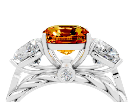 White gold Three-Stone Cushion Cut Citrine Braided Band Ring with Four-Prong Setting_16