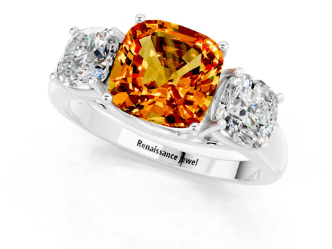White gold Three-Stone Cushion Cut Citrine Engagement Ring with Prong Setting_1
