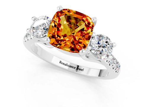 White gold Three-Stone Cushion Cut Citrine Pavé Band with Four-Prong Setting_1