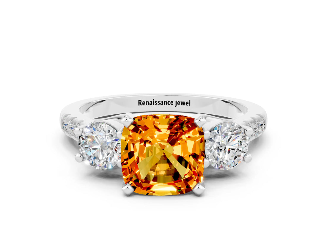 White gold Three-Stone Cushion Cut Citrine Pavé Band with Four-Prong Setting