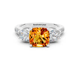 White gold Three-Stone Cushion Cut Citrine Pavé Band with Four-Prong Setting