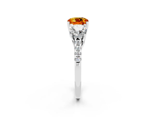Platinum Three-Stone Cushion Cut Citrine Ring with Round  Pavé Band and Prong Setting