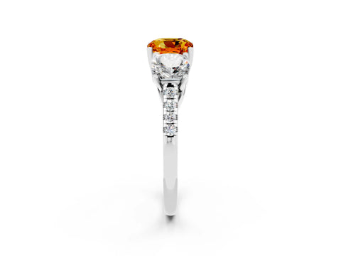 White gold Three-Stone Cushion Cut Citrine Ring with Pavé Band and Prong Setting_14
