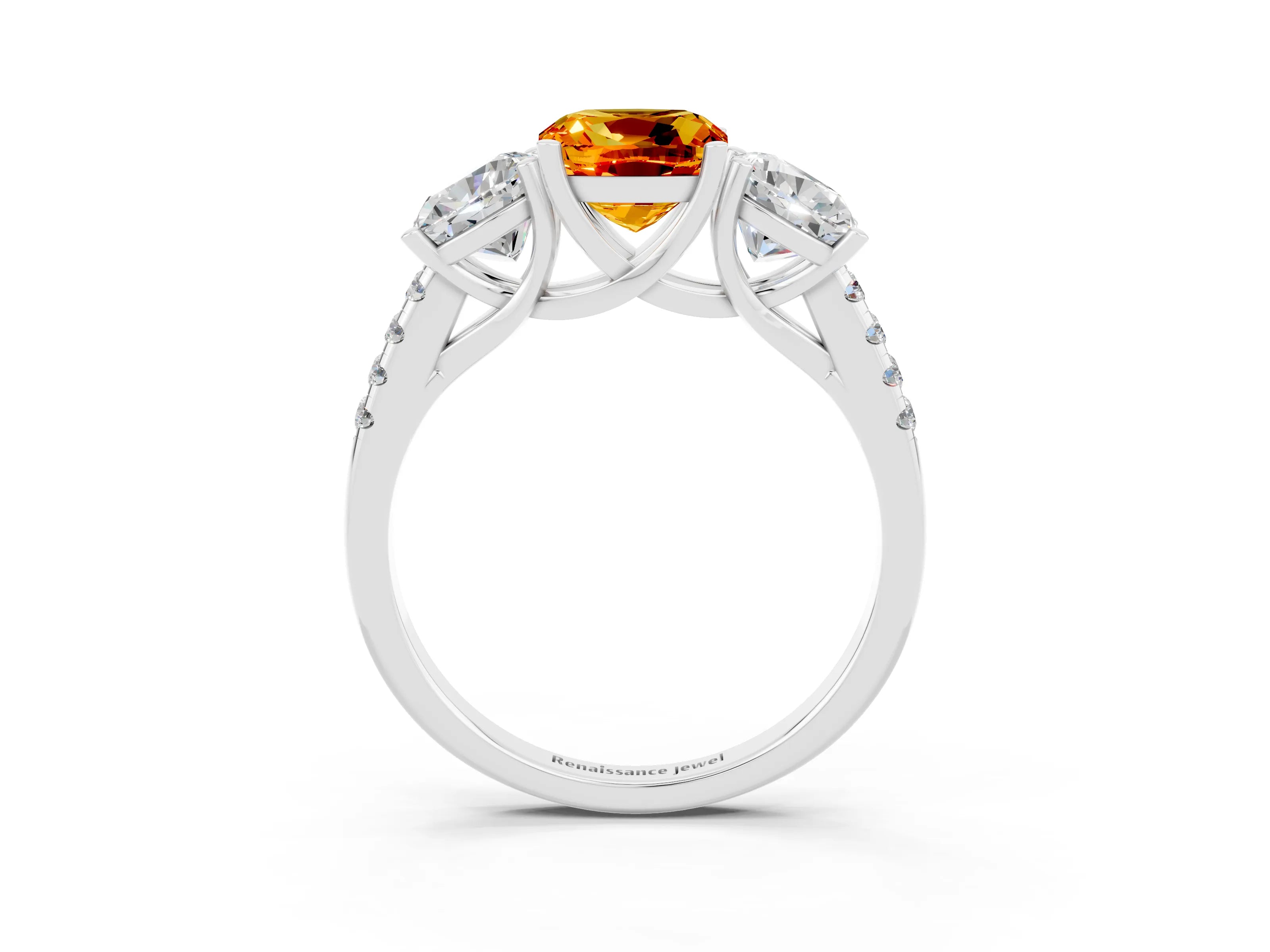 White gold Three-Stone Cushion Cut Citrine Ring with Pavé Band and Prong Setting_15
