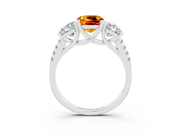 White gold Three-Stone Cushion Cut Citrine Ring with Round  Pavé Band and Prong Setting