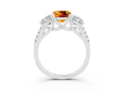 White gold Three-Stone Cushion Cut Citrine Ring with Pavé Band and Prong Setting_15