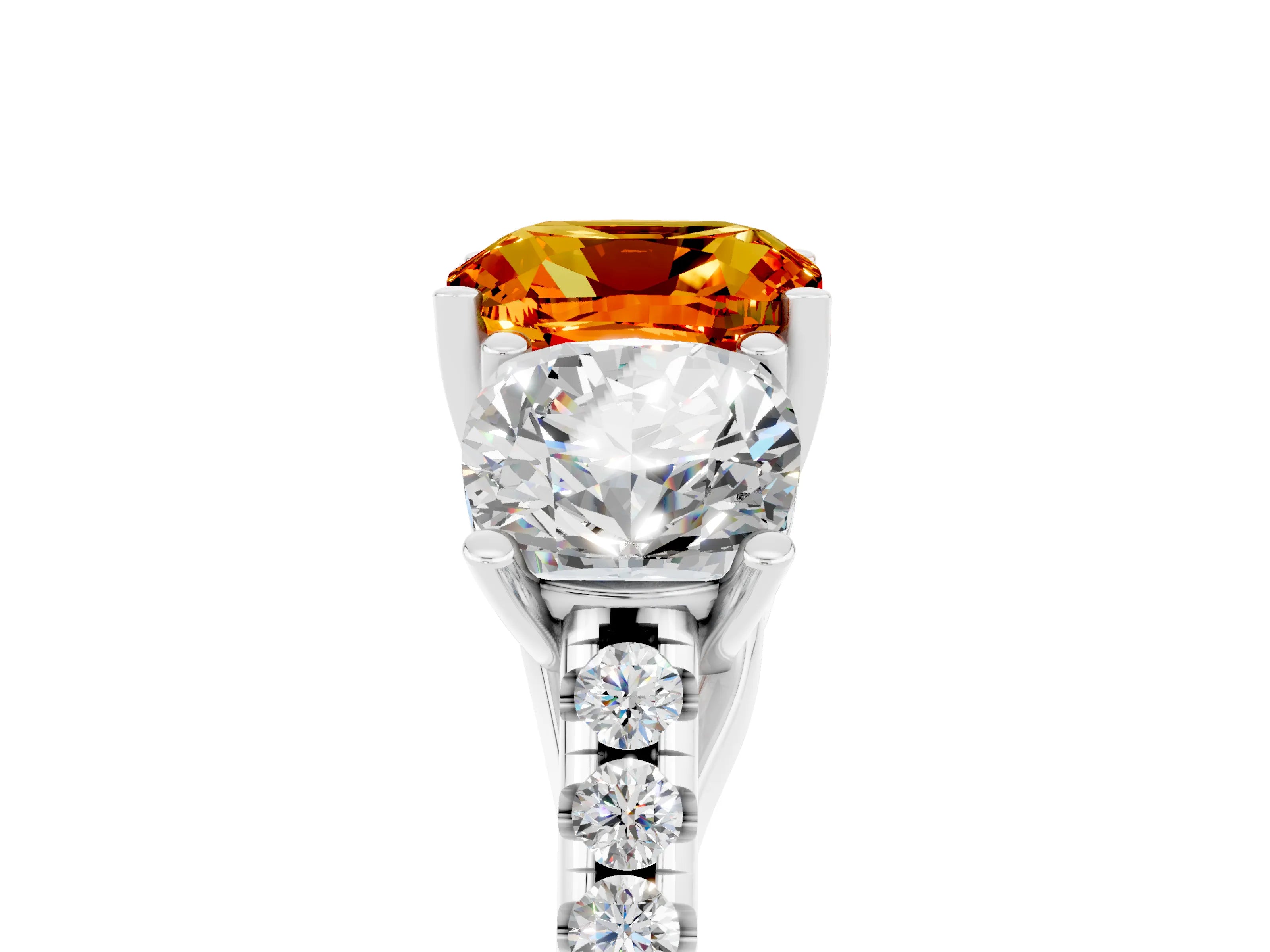 White gold Three-Stone Cushion Cut Citrine Ring with Pavé Band and Prong Setting_17
