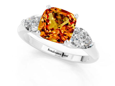 White gold Three-Stone Cushion Cut Citrine Ring with Pear Side Stones and Four-Prong Setting_1