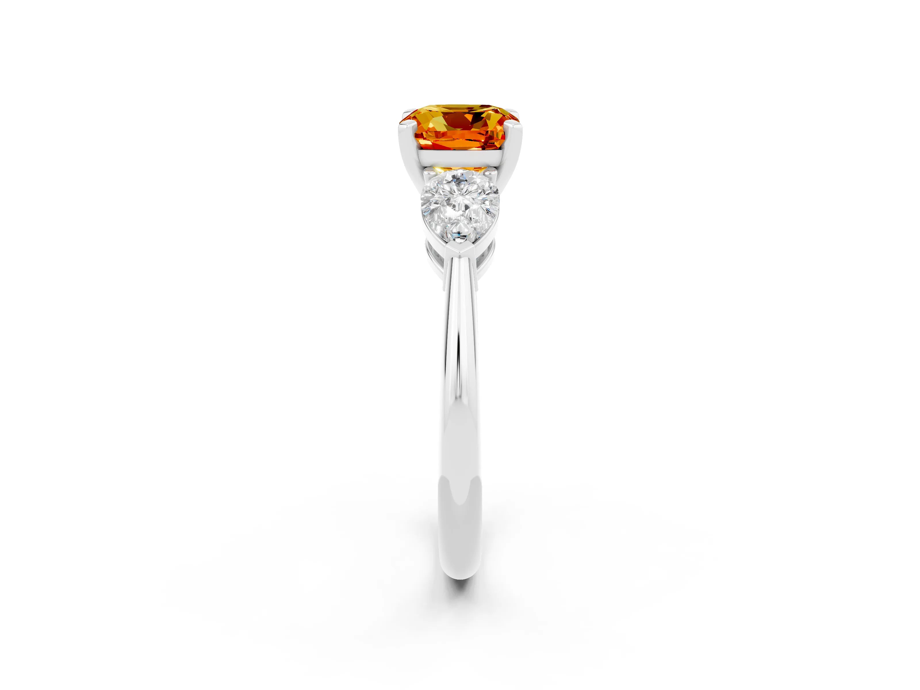 White gold Three-Stone Cushion Cut Citrine Ring with Pear Side Stones and Four-Prong Setting_2