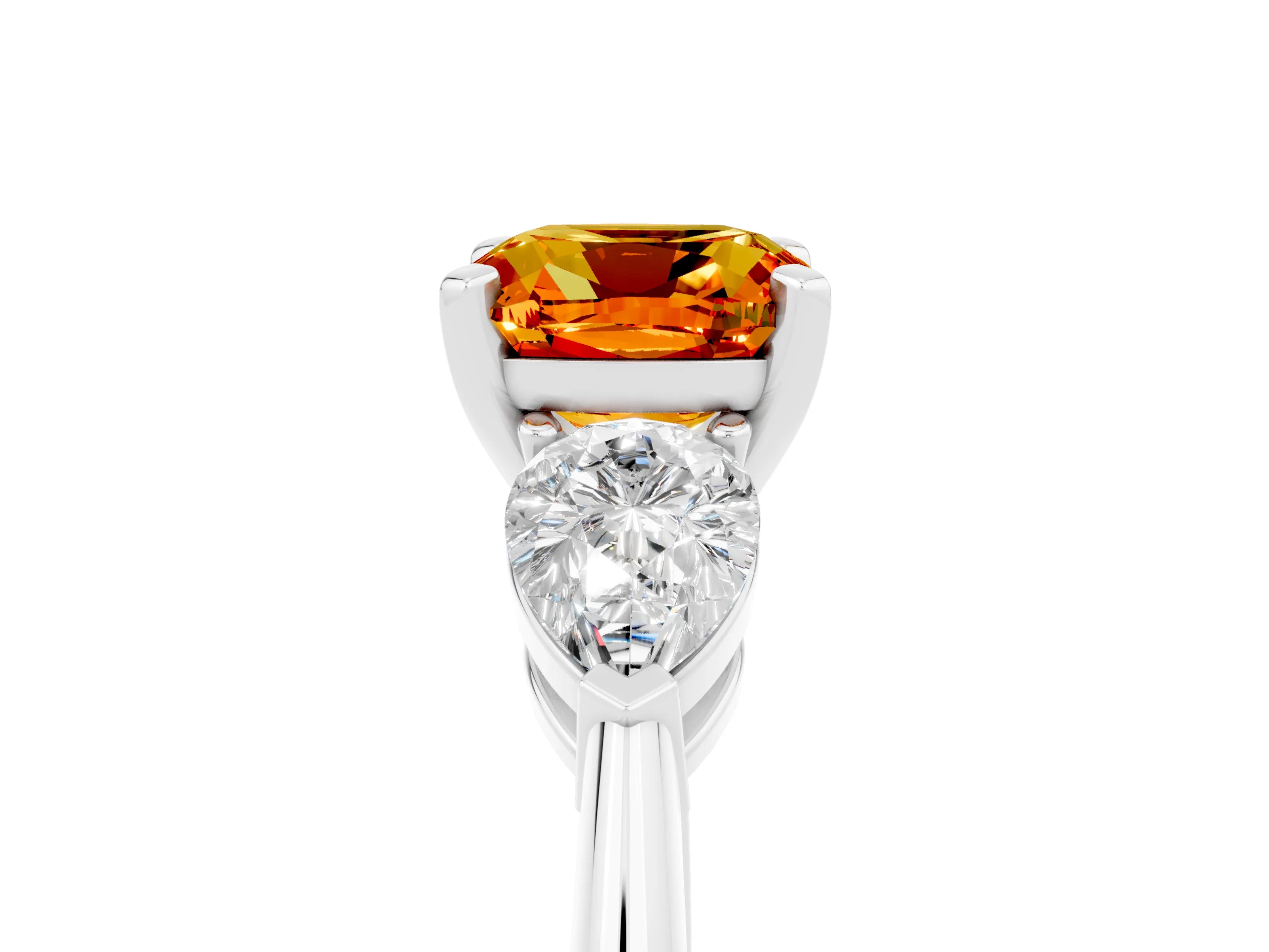 White gold Three-Stone Cushion Cut Citrine Ring with Pear Side Stones and Four-Prong Setting_5