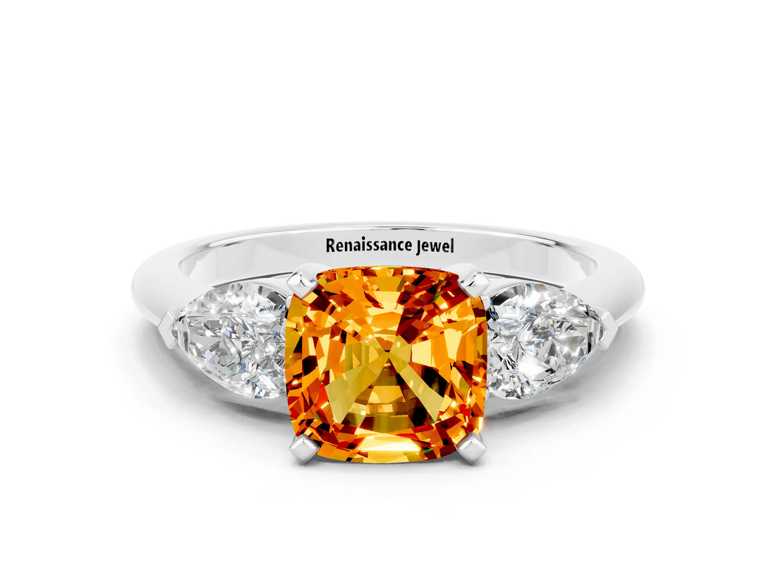 White gold Three-Stone Cushion Cut Citrine Ring with Pear Side Stones and Four-Prong Setting
