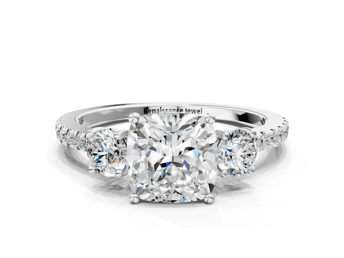 White gold Three-Stone Cushion Cut Cut Diamond Pavé Band with Prong Setting_19