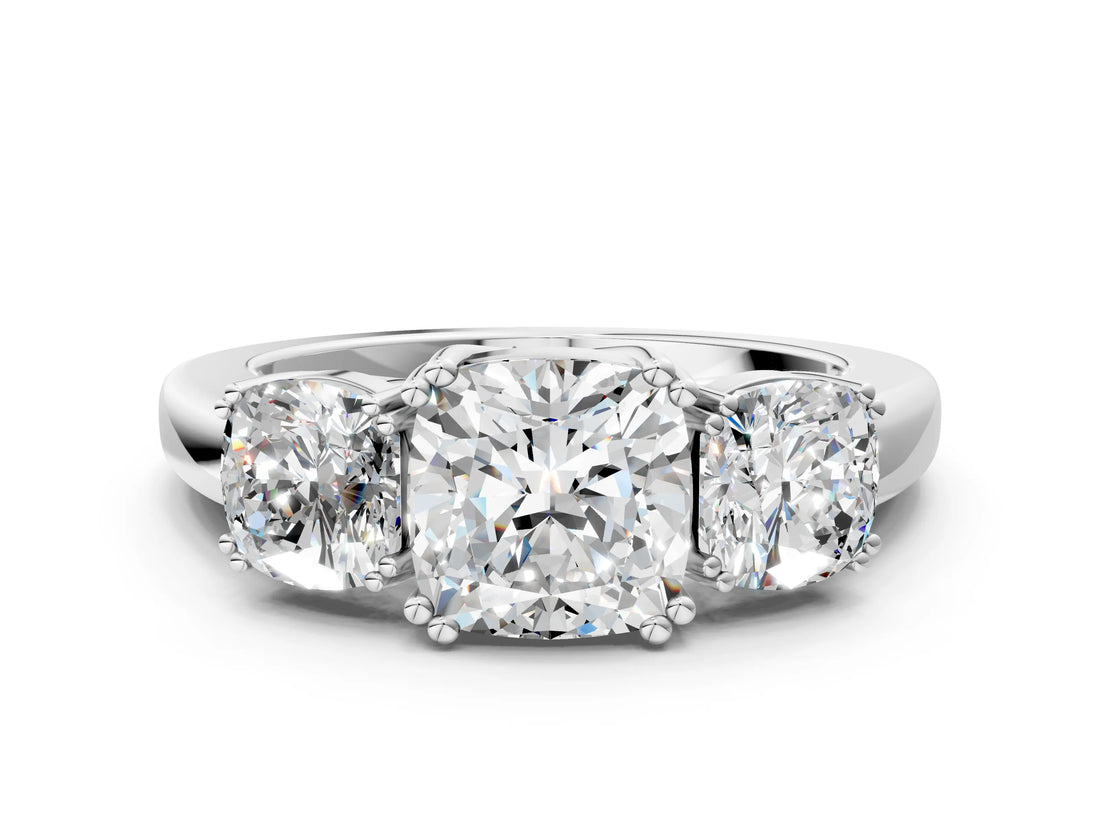 White gold Three-Stone Cushion Cut Cut Diamond Ring with Channel Set Band and Four-Prong Setting_50