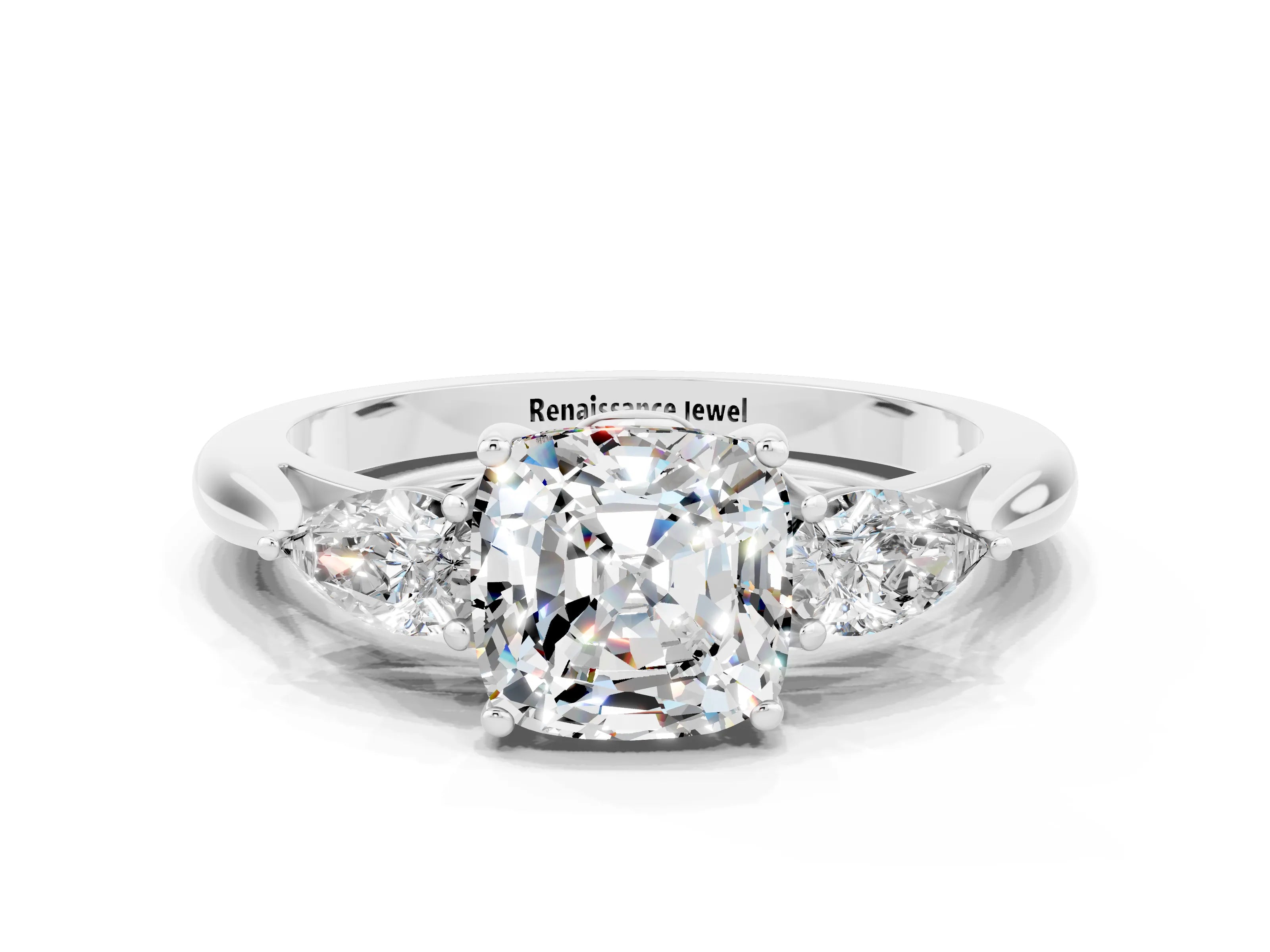 White gold Three-Stone Cushion Cut Cut Diamond Ring with Pear Side Stones in Four-Prong Setting