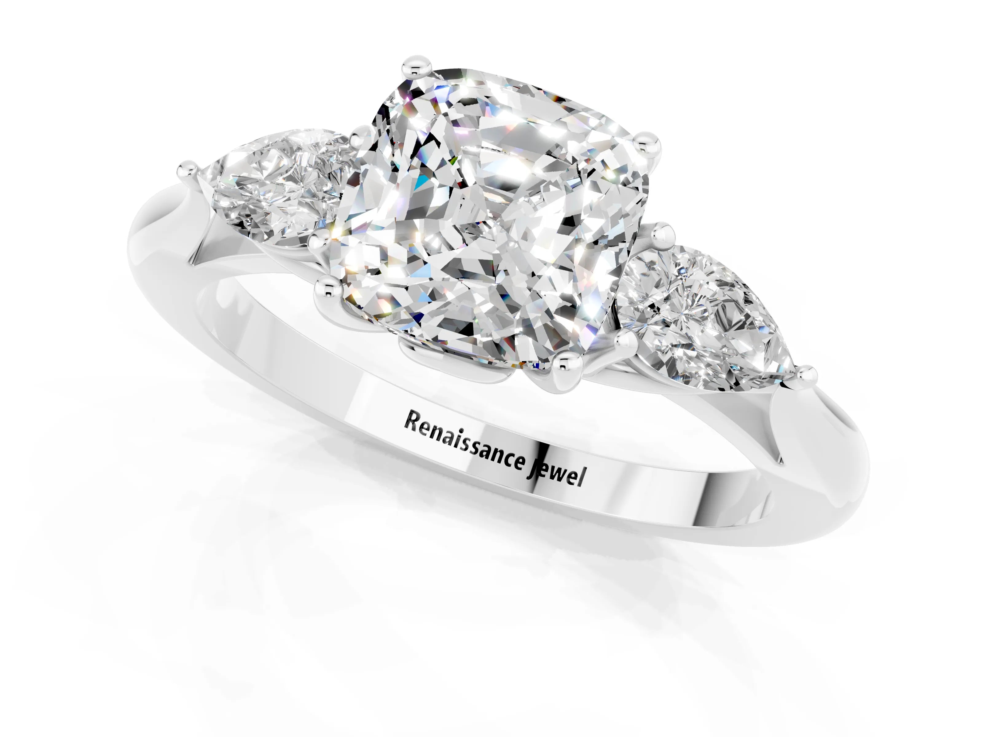 White gold Three-Stone Cushion Cut Cut Diamond Ring with Pear Side Stones in Four-Prong Setting_1