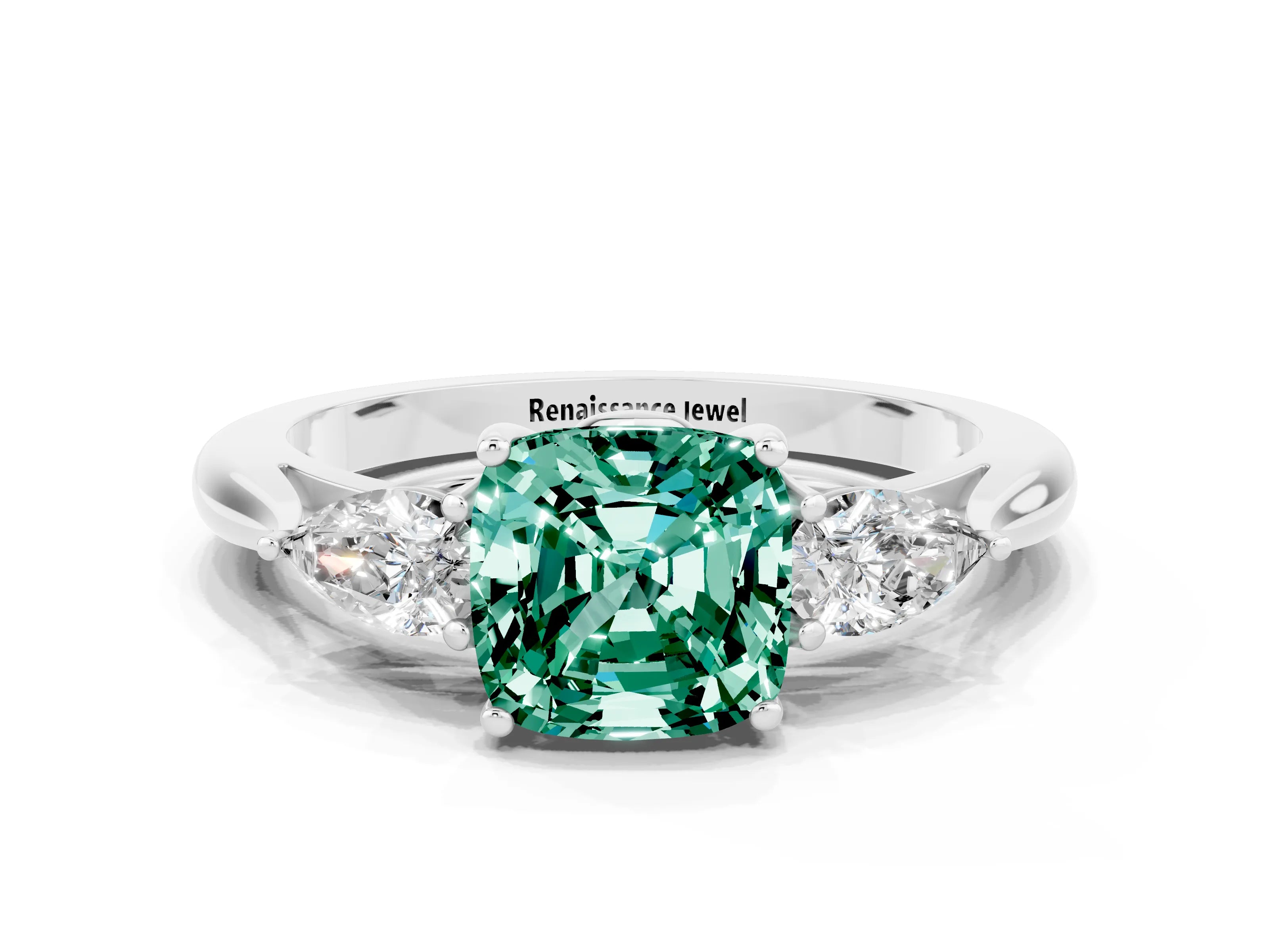 White gold Three-Stone Cushion Cut Cut Diamond Ring with Pear Side Stones in Four-Prong Setting