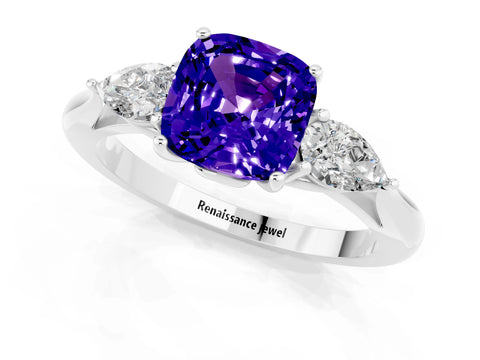 White gold Three-Stone Cushion Cut Cut Diamond Ring with Pear Side Stones in Four-Prong Setting_1