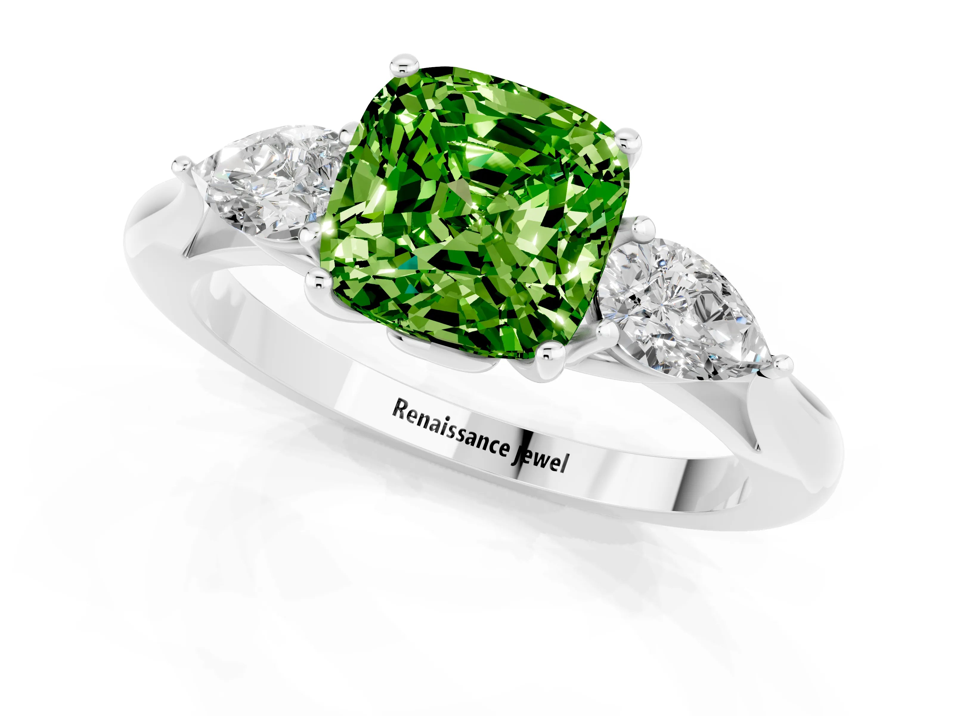 White gold Three-Stone Cushion Cut Cut Diamond Ring with Pear Side Stones in Four-Prong Setting_1