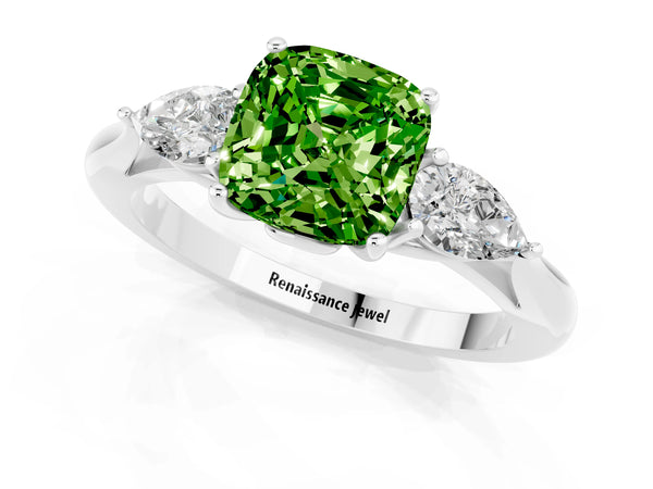 Platinum Three-Stone Cushion Cut Cut Diamond Ring with Pear Side Stones in Four-Prong Setting