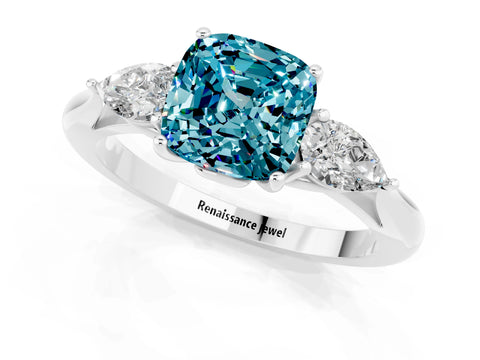 White gold Three-Stone Cushion Cut Cut Diamond Ring with Pear Side Stones in Four-Prong Setting_1