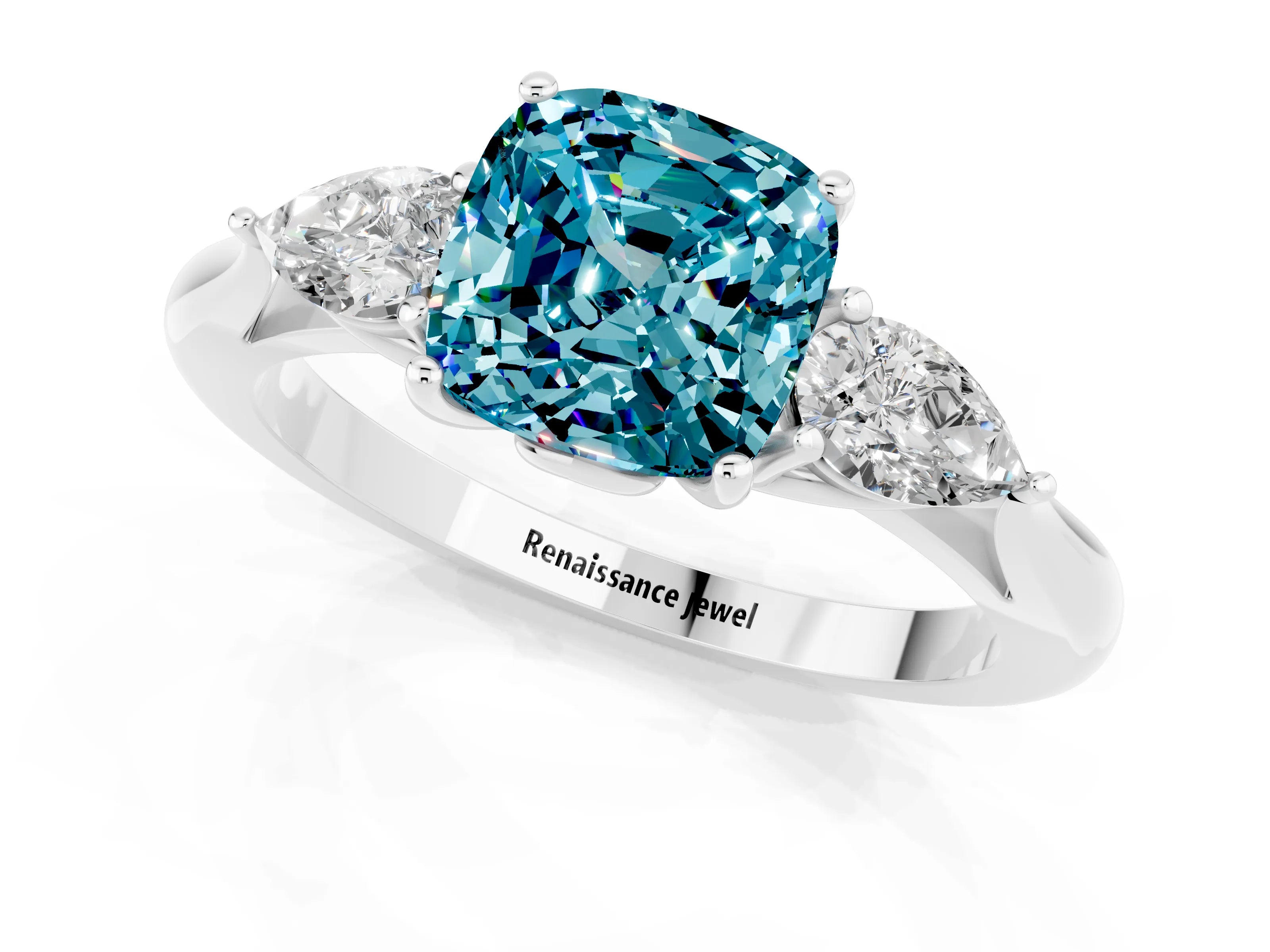 White gold Three-Stone Cushion Cut Cut Diamond Ring with Pear Side Stones in Four-Prong Setting_1