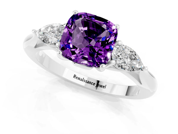 Platinum Three-Stone Cushion Cut Amethyst Ring with Pear  Side Stones in Four-Prong Setting