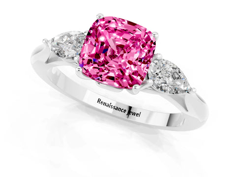 White gold Three-Stone Cushion Cut Cut Diamond Ring with Pear Side Stones in Four-Prong Setting_1