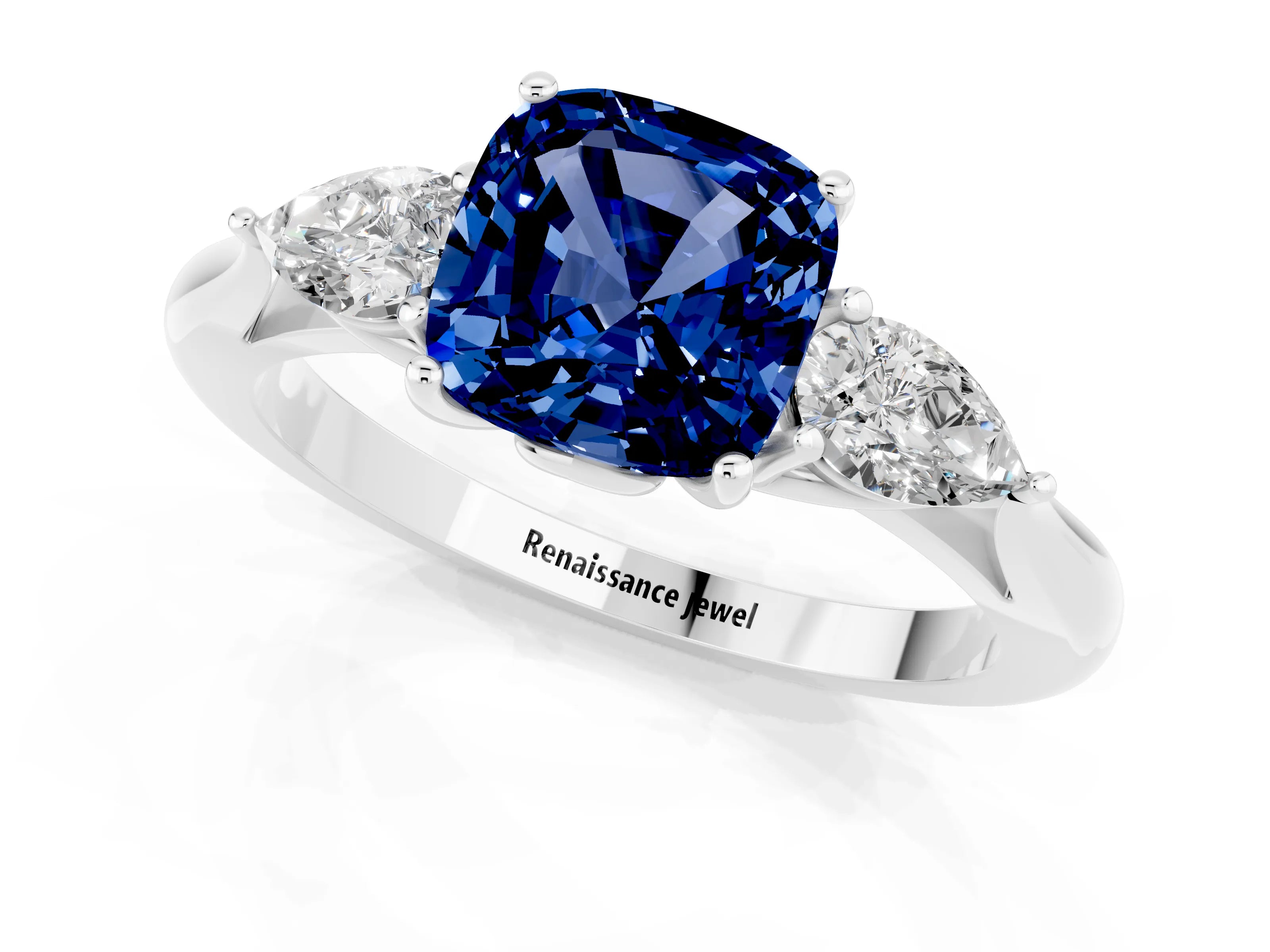 White gold Three-Stone Cushion Cut Cut Diamond Ring with Pear Side Stones in Four-Prong Setting_1