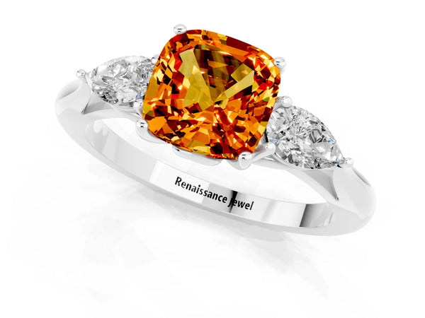 Silver Three-Stone Cushion Cut Citrine Ring with Pear  Side Stones in Four-Prong Setting